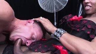 Horny guy has fun with shemales